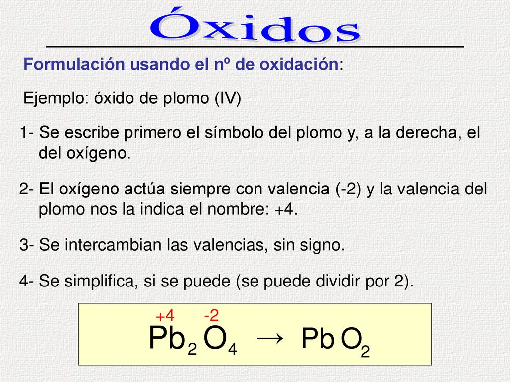 Pb O → Pb O Óxidos Formulación usando el nº de oxidación: