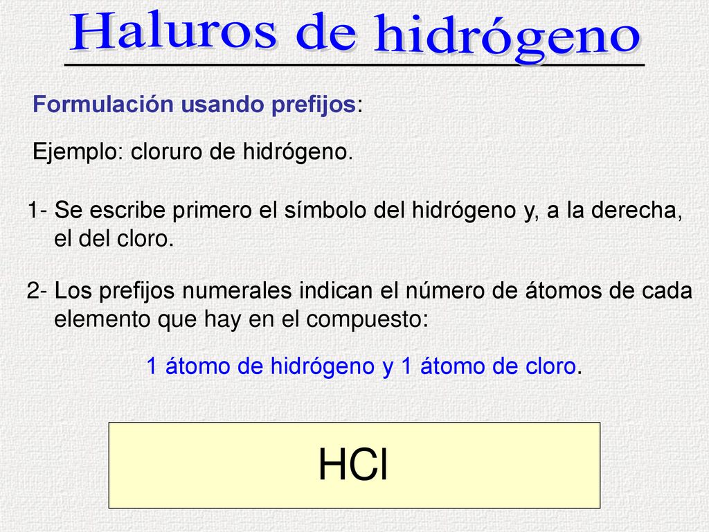 1 átomo de hidrógeno y 1 átomo de cloro.