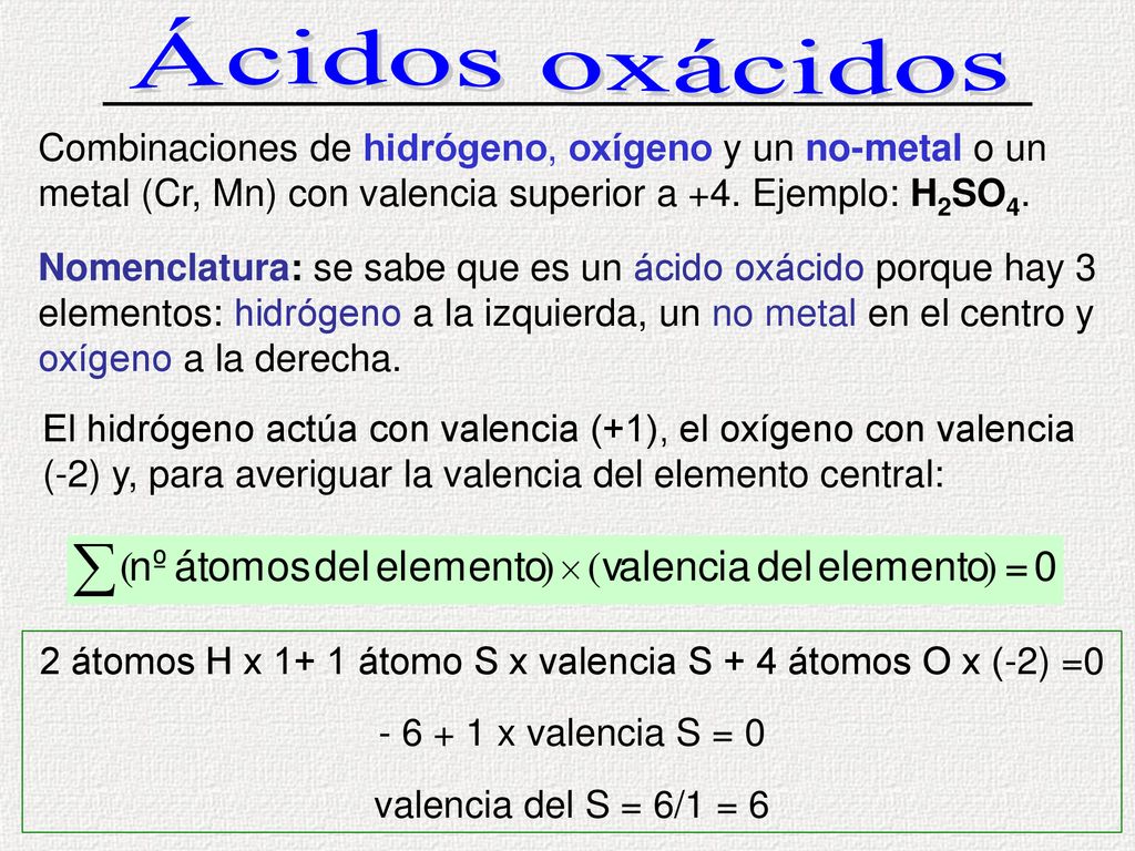 2 átomos H x 1+ 1 átomo S x valencia S + 4 átomos O x (-2) =0