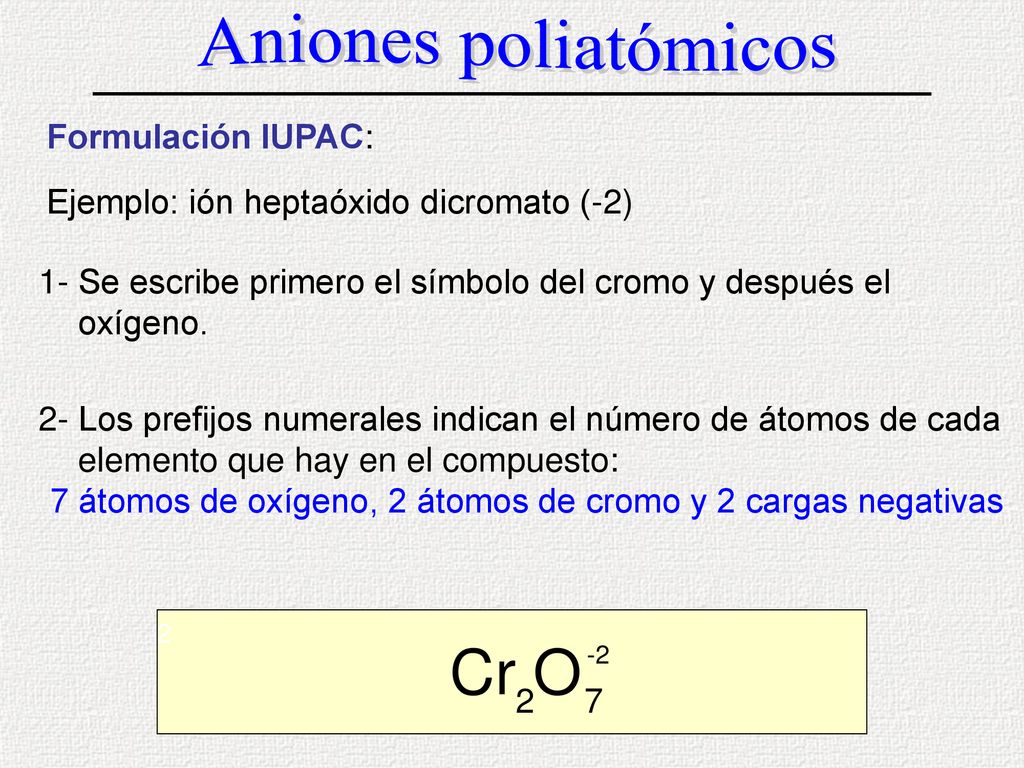 7 átomos de oxígeno, 2 átomos de cromo y 2 cargas negativas