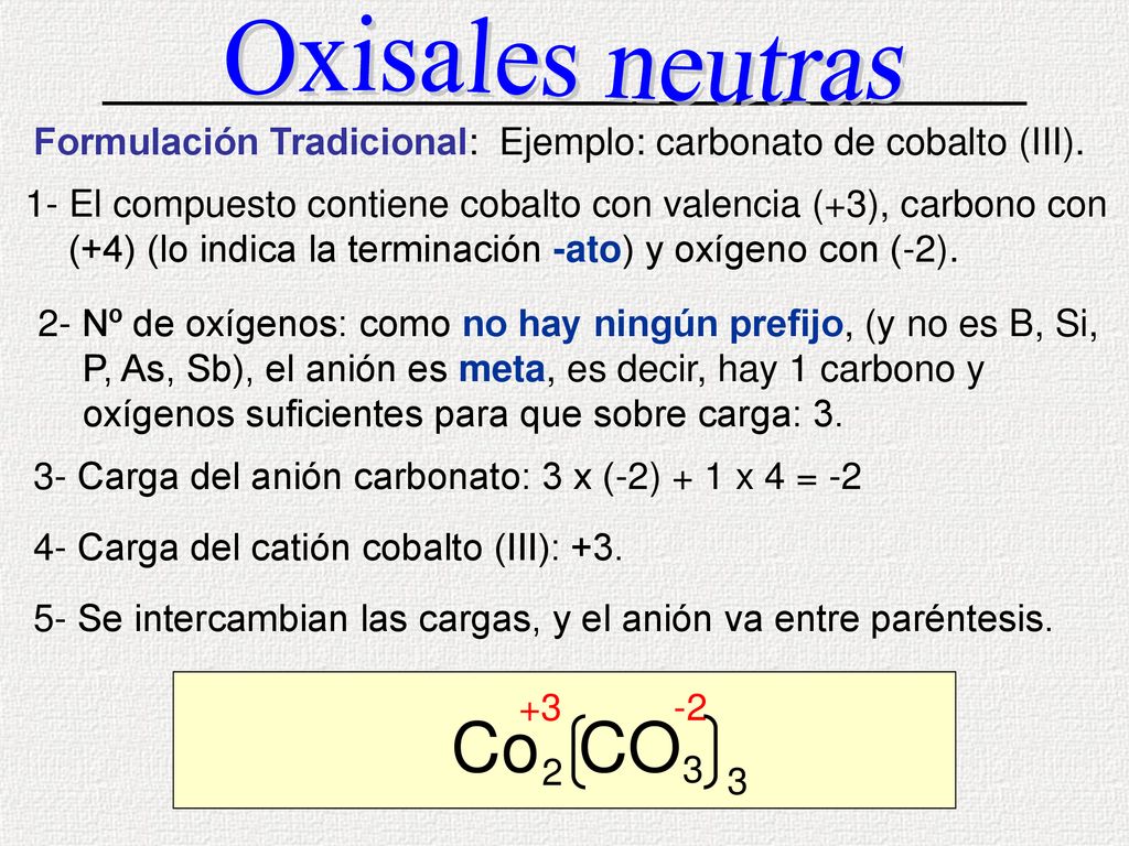 Oxisales neutras Formulación Tradicional: Ejemplo: carbonato de cobalto (III).