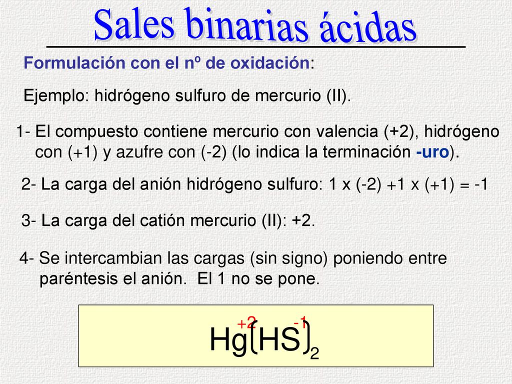 Hg HS Sales binarias ácidas Formulación con el nº de oxidación: