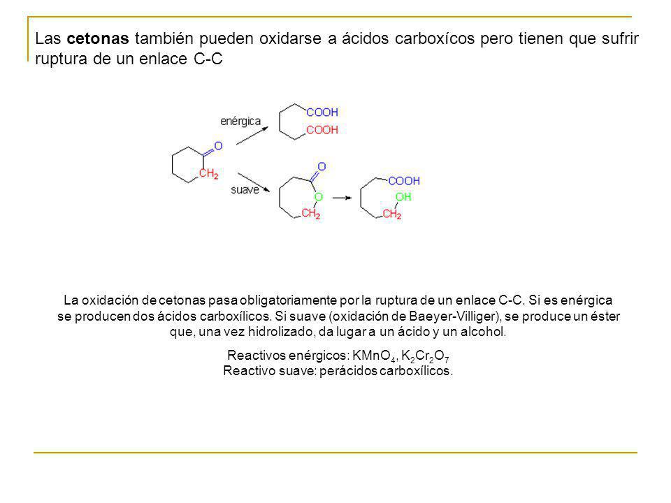 Las cetonas también pueden oxidarse a ácidos carboxícos pero tienen que sufrir ruptura de un enlace C-C