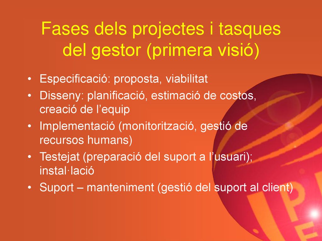 Fases dels projectes i tasques del gestor (primera visió)