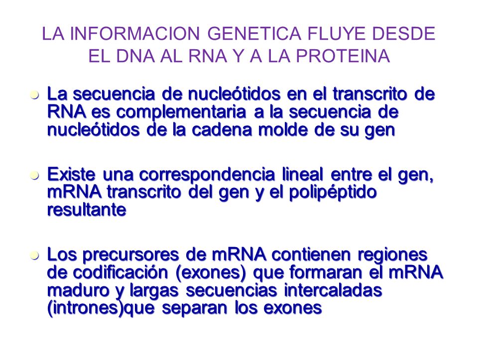LA INFORMACION GENETICA FLUYE DESDE EL DNA AL RNA Y A LA PROTEINA