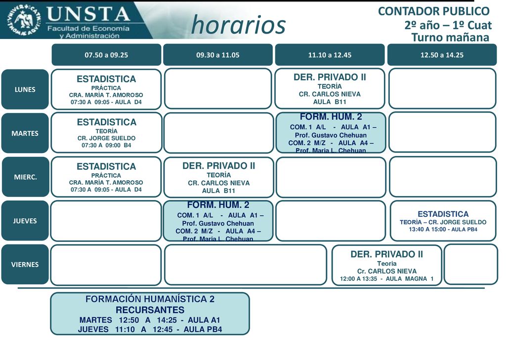 horarios CONTADOR PUBLICO 2º año – 1º Cuat Turno mañana ESTADISTICA
