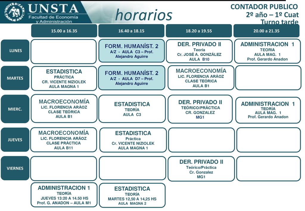 horarios CONTADOR PUBLICO 2º año – 1º Cuat Turno tarde