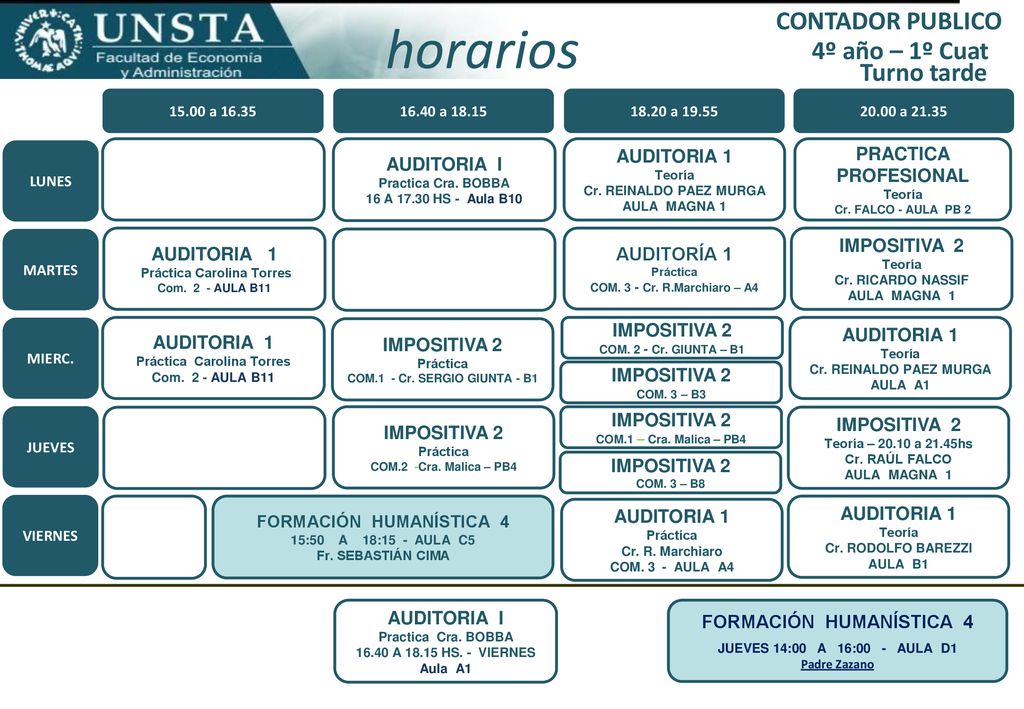 horarios CONTADOR PUBLICO 4º año – 1º Cuat Turno tarde AUDITORIA I