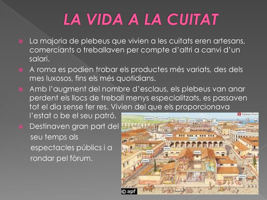 LA VIDA A LA CUITAT La majoria de plebeus que vivien a les cuitats eren artesans, comerciants o treballaven per compte d’altri a canvi d’un salari.