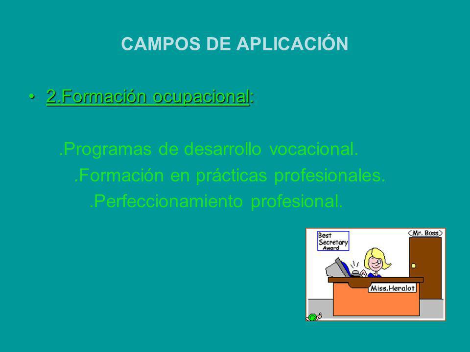 CAMPOS DE APLICACIÓN 2.Formación ocupacional: .Programas de desarrollo vocacional. .Formación en prácticas profesionales.