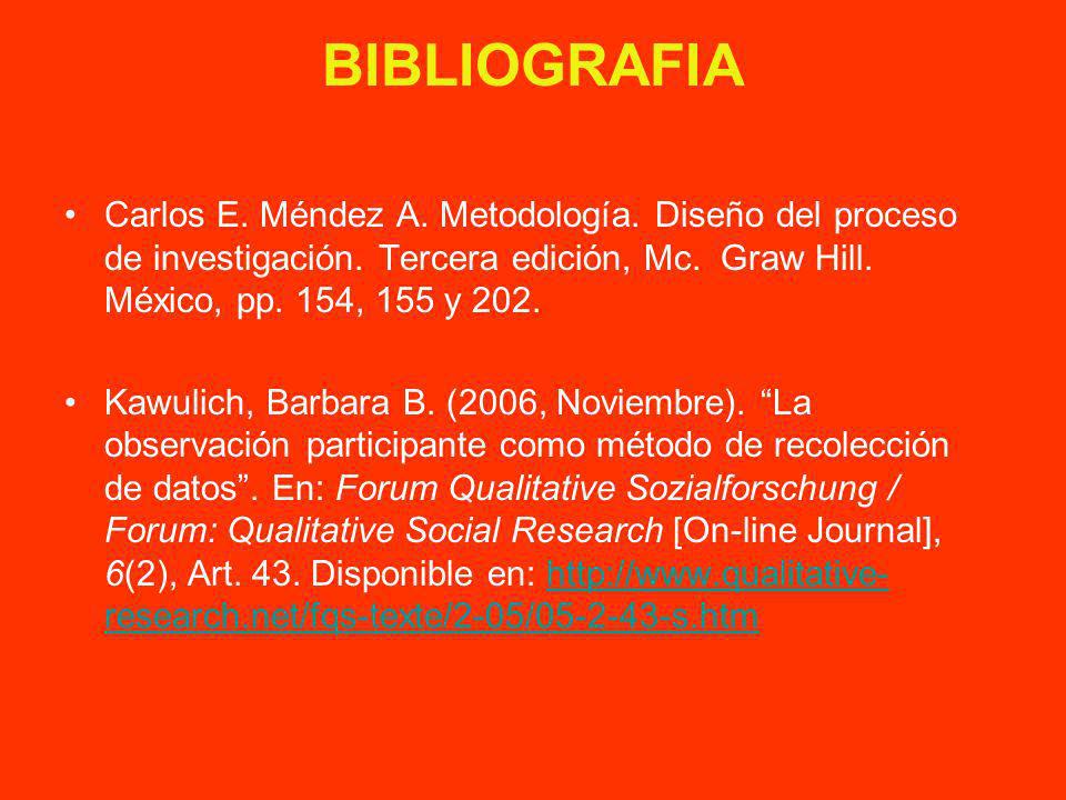BIBLIOGRAFIA Carlos E. Méndez A. Metodología. Diseño del proceso de investigación. Tercera edición, Mc. Graw Hill. México, pp. 154, 155 y 202.