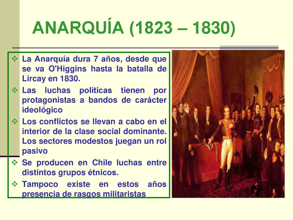 ANARQUÍA (1823 – 1830) La Anarquía dura 7 años, desde que se va O Higgins hasta la batalla de Lircay en