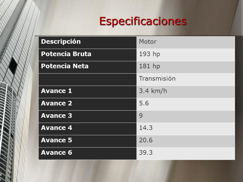 Especificaciones Descripción Motor Potencia Bruta 193 hp Potencia Neta