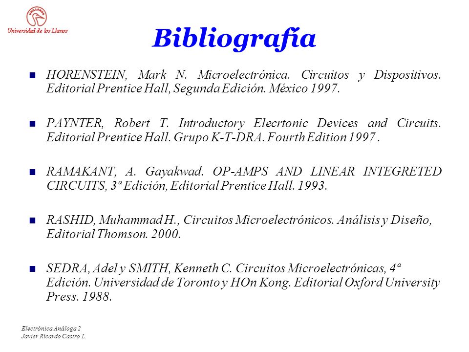 Bibliografía HORENSTEIN, Mark N. Microelectrónica. Circuitos y Dispositivos. Editorial Prentice Hall, Segunda Edición. México