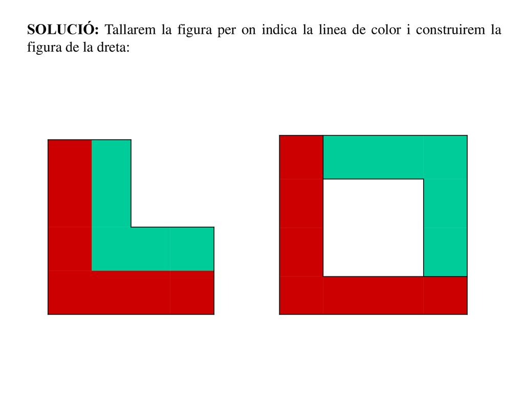 SOLUCIÓ: Tallarem la figura per on indica la linea de color i construirem la figura de la dreta: