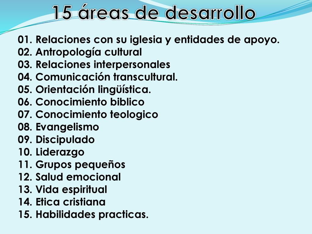 15 áreas de desarrollo 01. Relaciones con su iglesia y entidades de apoyo. 02. Antropología cultural.
