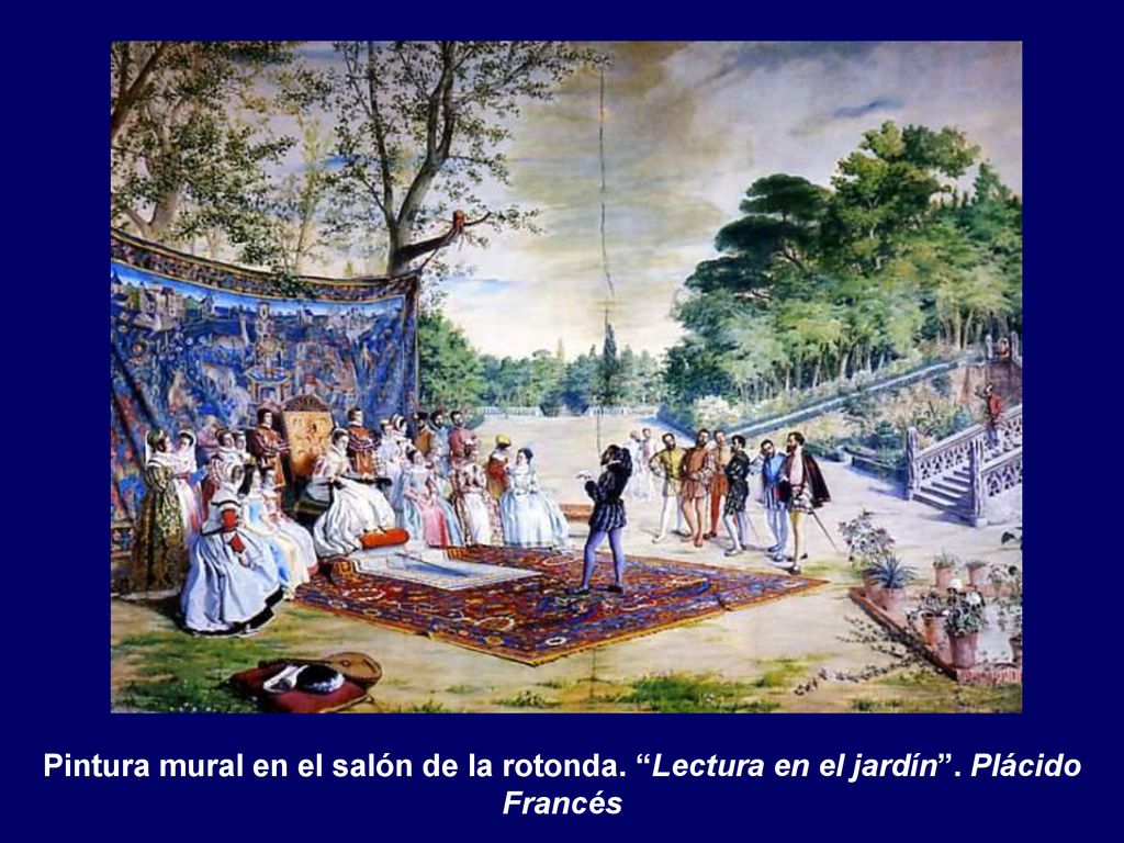 Pintura mural en el salón de la rotonda. Lectura en el jardín