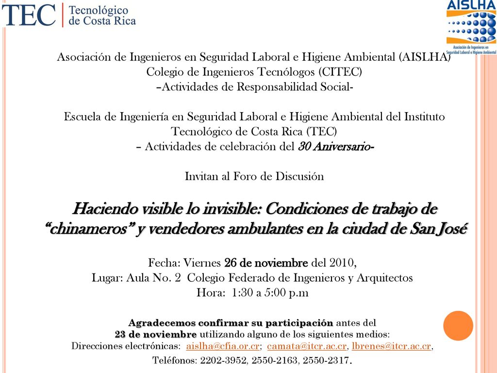 Asociación de Ingenieros en Seguridad Laboral e Higiene Ambiental (AISLHA) Colegio de Ingenieros Tecnólogos (CITEC)