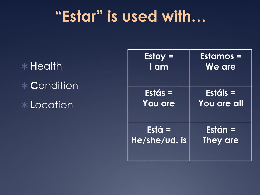 Estar is used with… Health Condition Location Estoy = I am Estamos =