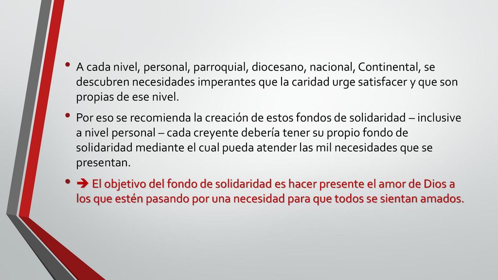 A cada nivel, personal, parroquial, diocesano, nacional, Continental, se descubren necesidades imperantes que la caridad urge satisfacer y que son propias de ese nivel.
