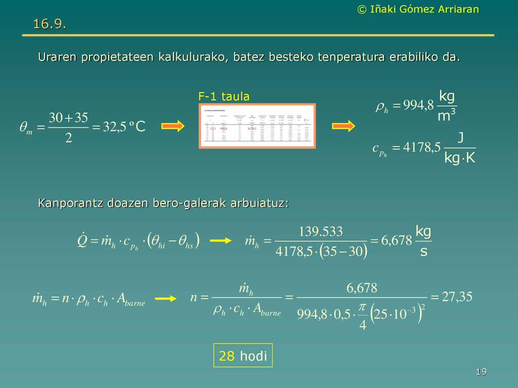 16.9. Uraren propietateen kalkulurako, batez besteko tenperatura erabiliko da. F-1 taula. Kanporantz doazen bero-galerak arbuiatuz: