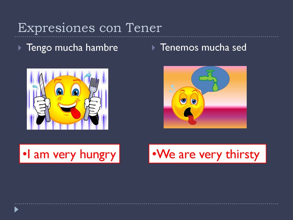Expresiones con Tener I am very hungry We are very thirsty