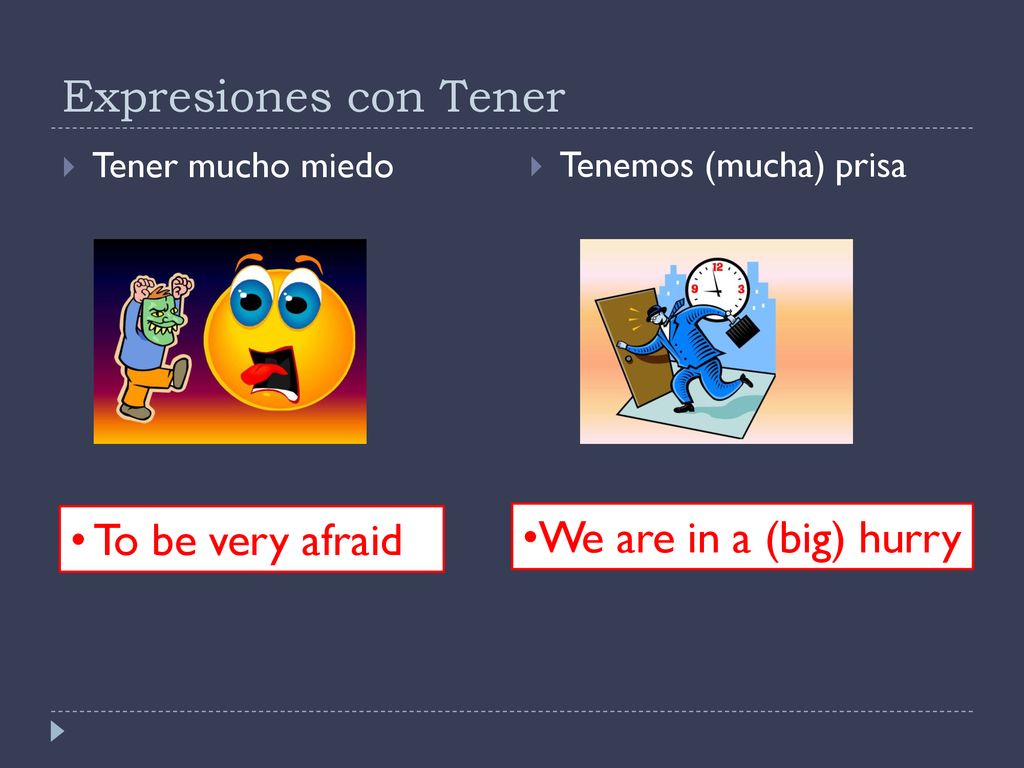 Expresiones con Tener To be very afraid We are in a (big) hurry