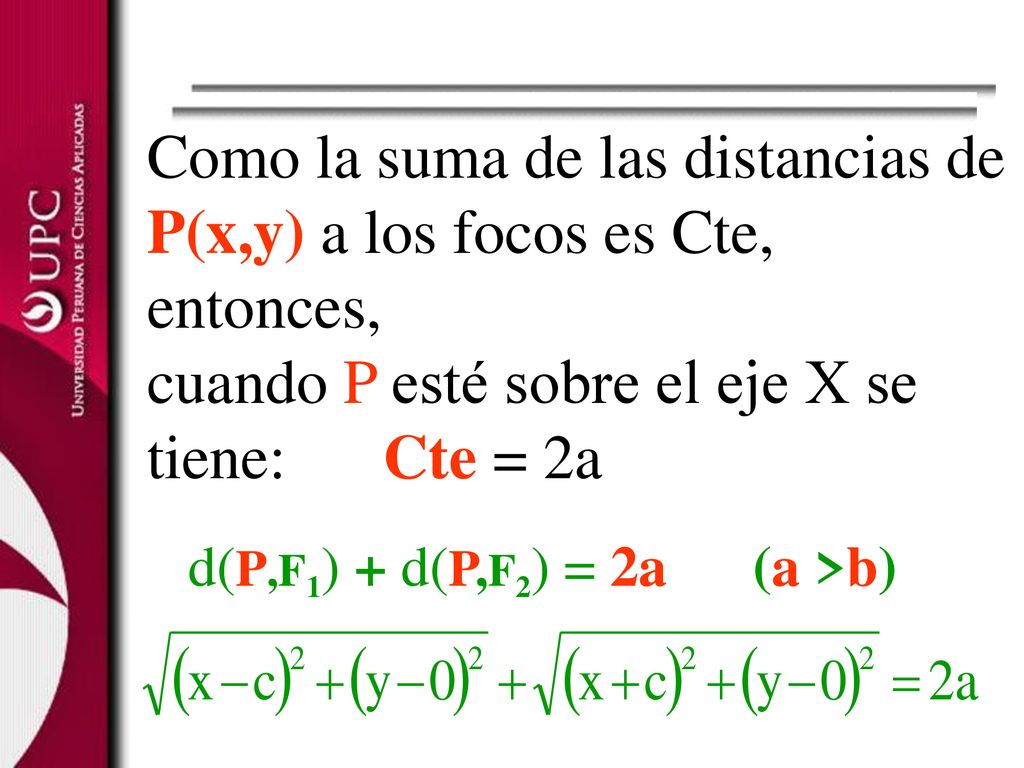Como la suma de las distancias de P(x,y) a los focos es Cte, entonces,