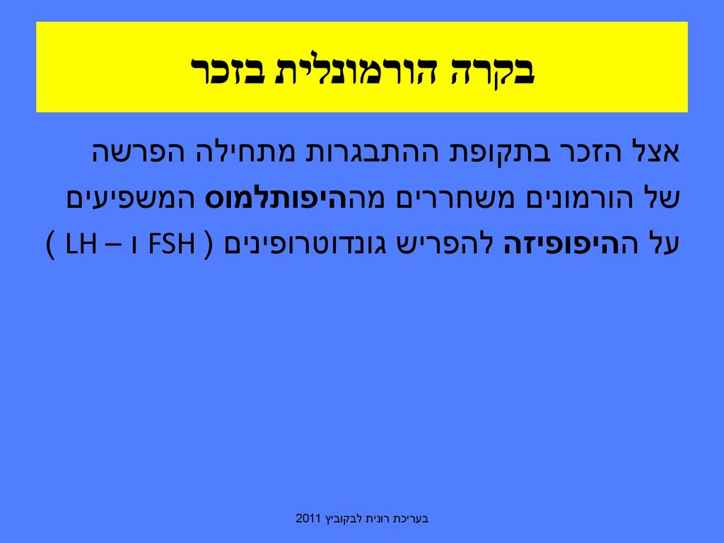 בקרה הורמונלית בזכר אצל הזכר בתקופת ההתבגרות מתחילה הפרשה של הורמונים משחררים מההיפותלמוס המשפיעים על ההיפופיזה להפריש גונדוטרופינים (FSH ו – LH )