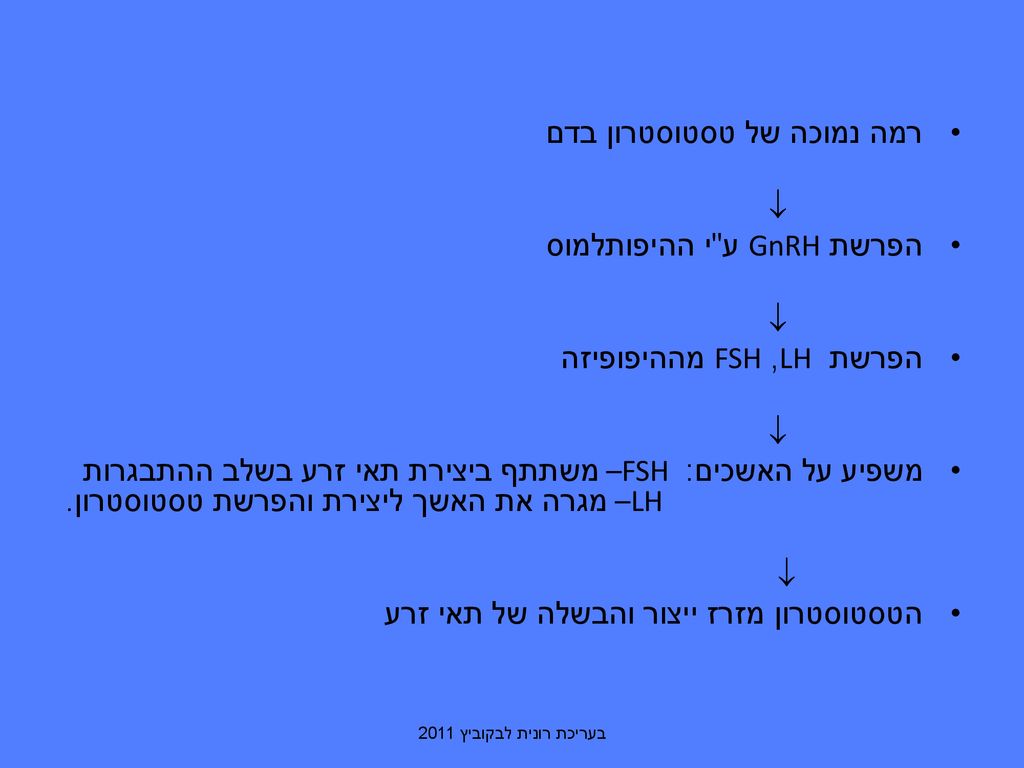 רמה נמוכה של טסטוסטרון בדם  הפרשת GnRH ע י ההיפותלמוס