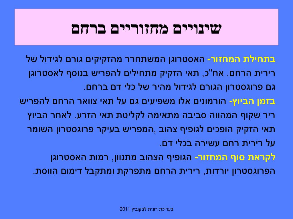 שינויים מחזוריים ברחם בתחילת המחזור- האסטרוגן המשתחרר מהזקיקים גורם לגידול של. רירית הרחם. אח כ, תאי הזקיק מתחילים להפריש בנוסף לאסטרוגן.