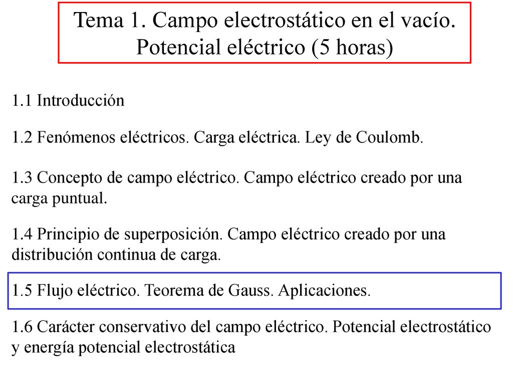 Tema 1. Campo electrostático en el vacío. Potencial eléctrico (5 horas)