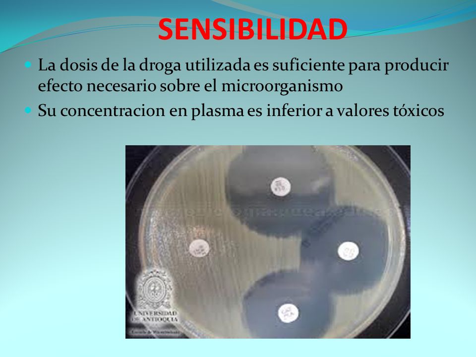 SENSIBILIDAD La dosis de la droga utilizada es suficiente para producir efecto necesario sobre el microorganismo.