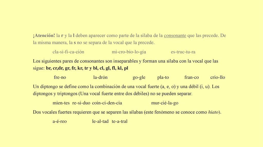 ¡Atención! la r y la l deben aparecer como parte de la sílaba de la consonante que las precede. De la misma manera, la s no se separa de la vocal que la precede.