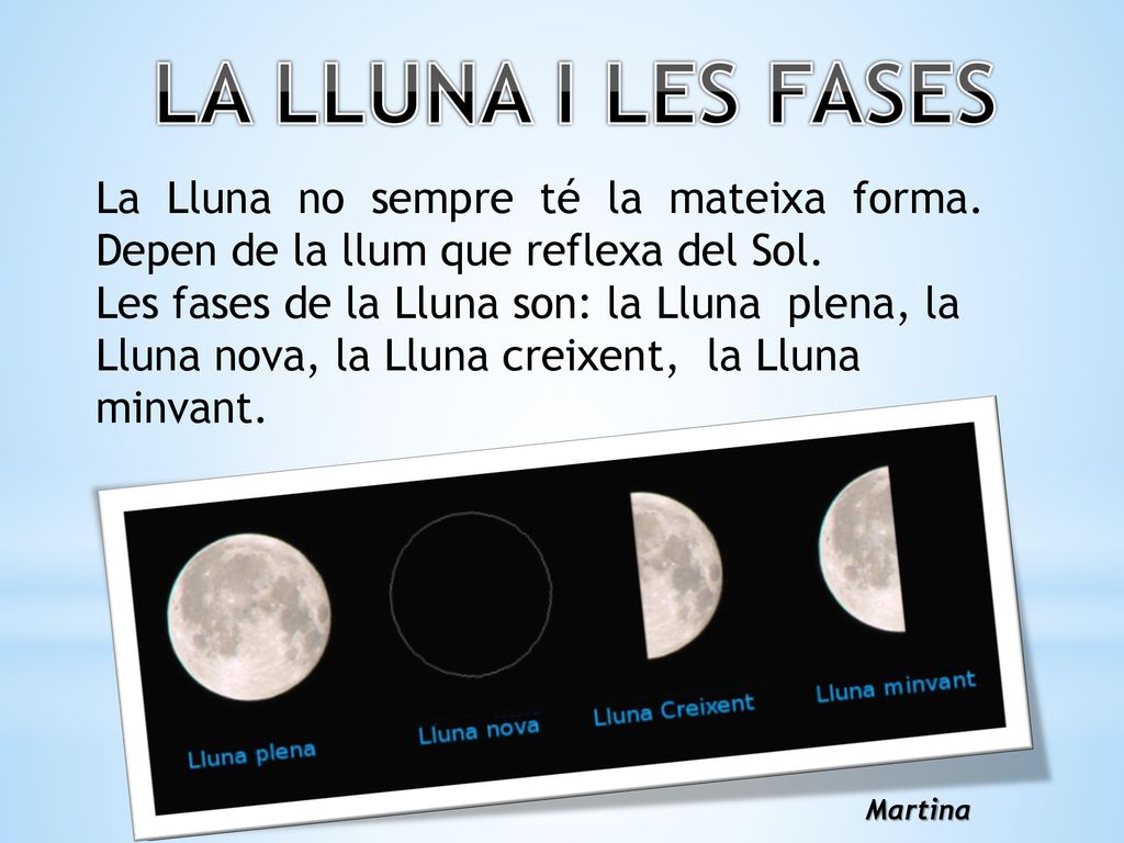 LA LLUNA I LES FASES La Lluna no sempre té la mateixa forma. Depen de la llum que reflexa del Sol.