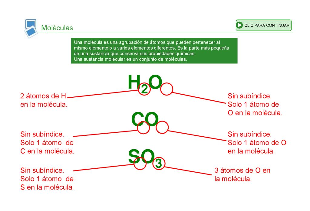 H2O CO SO3 Moléculas 2 átomos de H en la molécula.