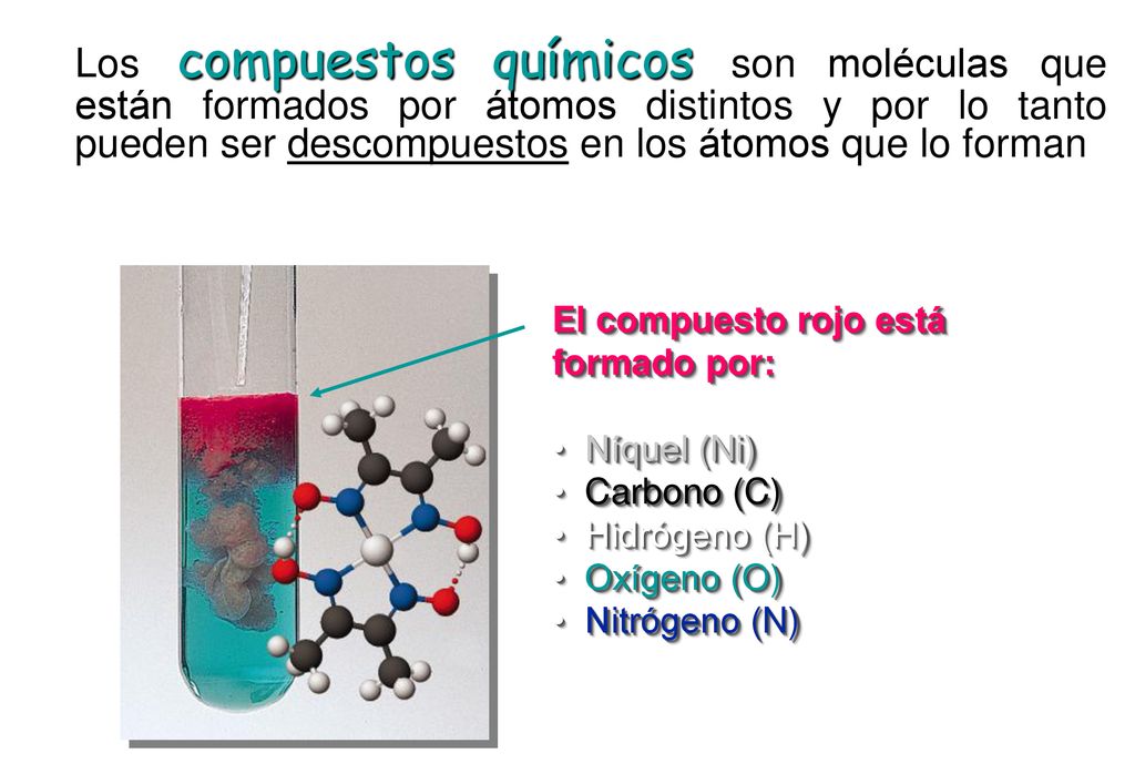 Los compuestos químicos son moléculas que están formados por átomos distintos y por lo tanto pueden ser descompuestos en los átomos que lo forman