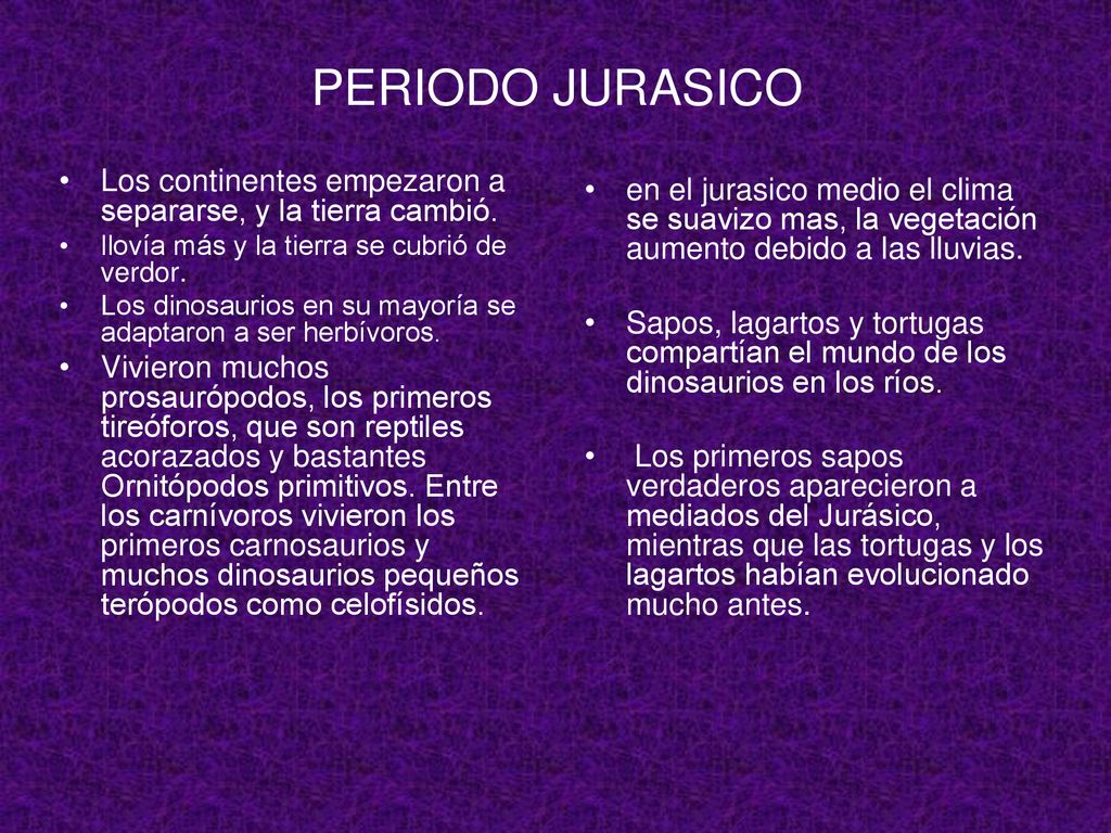 PERIODO JURASICO Los continentes empezaron a separarse, y la tierra cambió. llovía más y la tierra se cubrió de verdor.