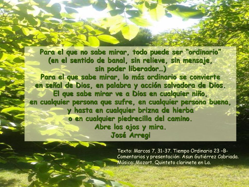 Para el que no sabe mirar, todo puede ser ordinario (en el sentido de banal, sin relieve, sin mensaje, sin poder liberador…) Para el que sabe mirar, lo más ordinario se convierte en señal de Dios, en palabra y acción salvadora de Dios.