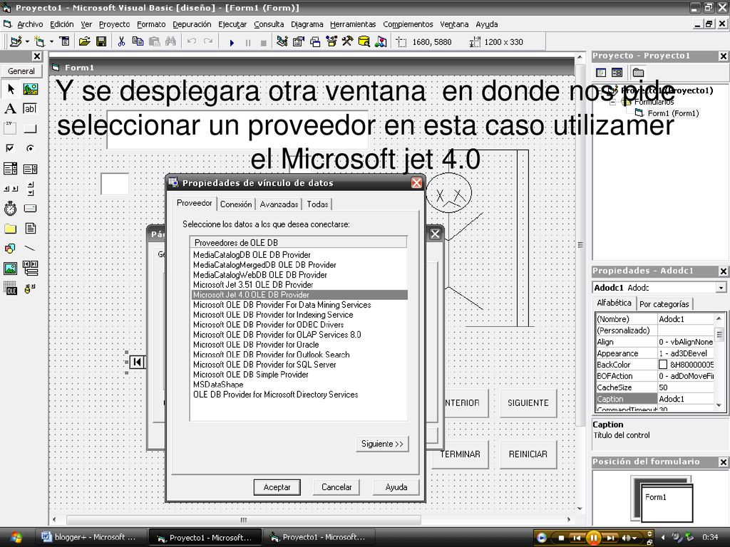 Y se desplegara otra ventana en donde nos pide seleccionar un proveedor en esta caso utilizamer el Microsoft jet 4.0