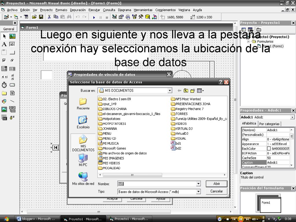 Luego en siguiente y nos lleva a la pestaña conexión hay seleccionamos la ubicación de la base de datos
