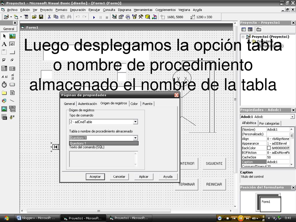 Luego desplegamos la opción tabla o nombre de procedimiento almacenado el nombre de la tabla