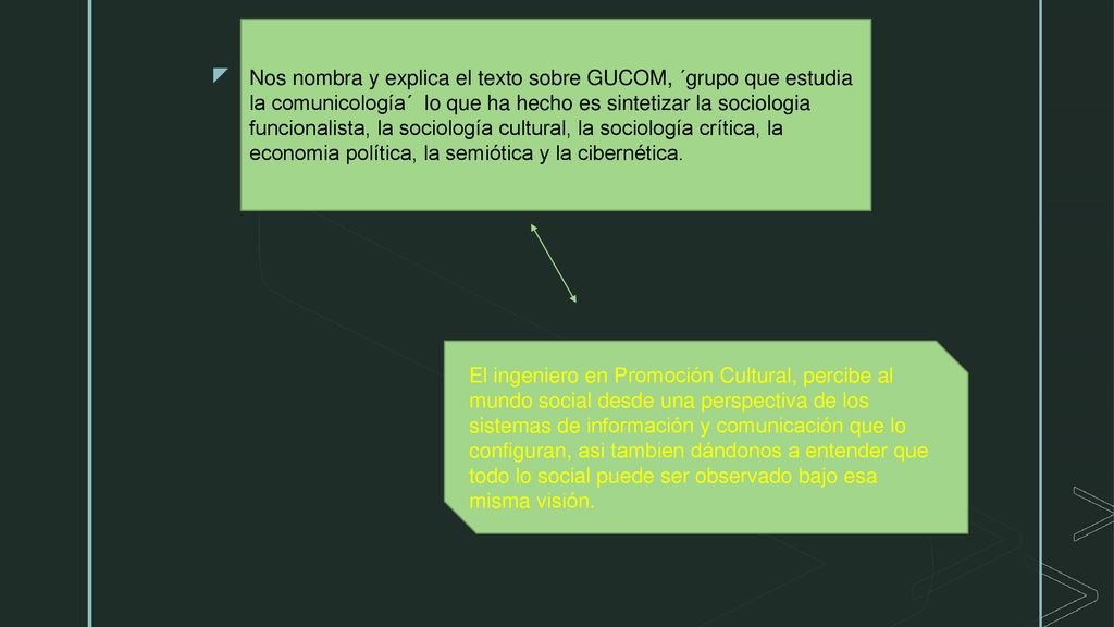Nos nombra y explica el texto sobre GUCOM, ´grupo que estudia la comunicología´ lo que ha hecho es sintetizar la sociologia funcionalista, la sociología cultural, la sociología crítica, la economia política, la semiótica y la cibernética.