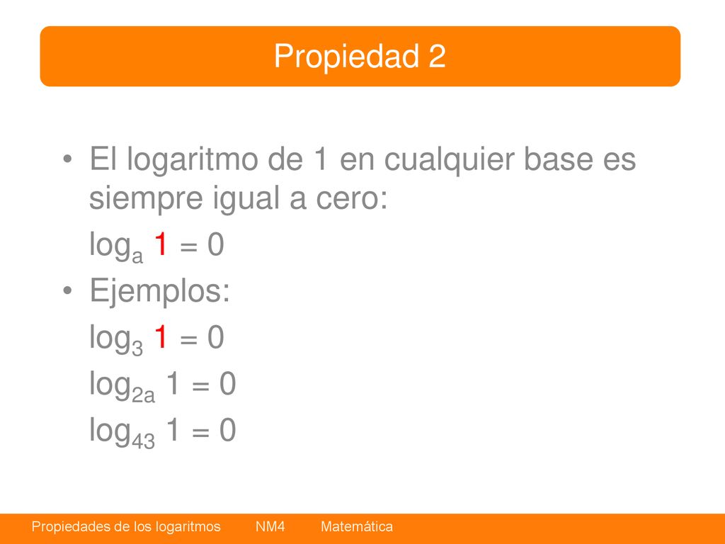 Propiedad 2 El logaritmo de 1 en cualquier base es siempre igual a cero: loga 1 = 0. Ejemplos: log3 1 = 0.