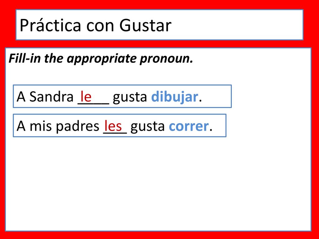 Práctica con Gustar A Sandra ____ gusta dibujar. le