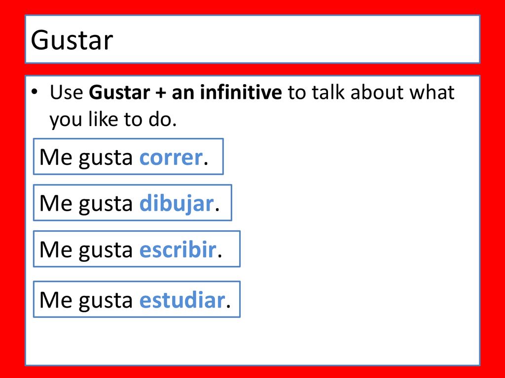 Gustar Me gusta correr. Me gusta dibujar. Me gusta escribir.