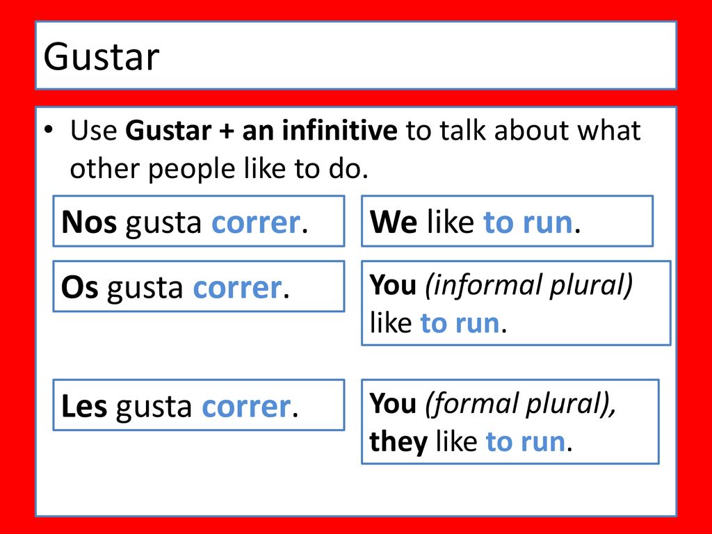 Gustar Nos gusta correr. We like to run. Os gusta correr.