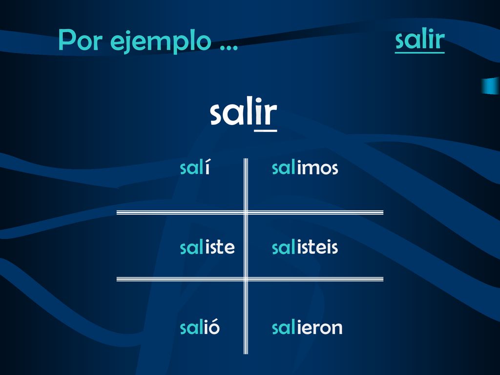 Por ejemplo … salir salir sal í sal imos iste isteis ió ieron