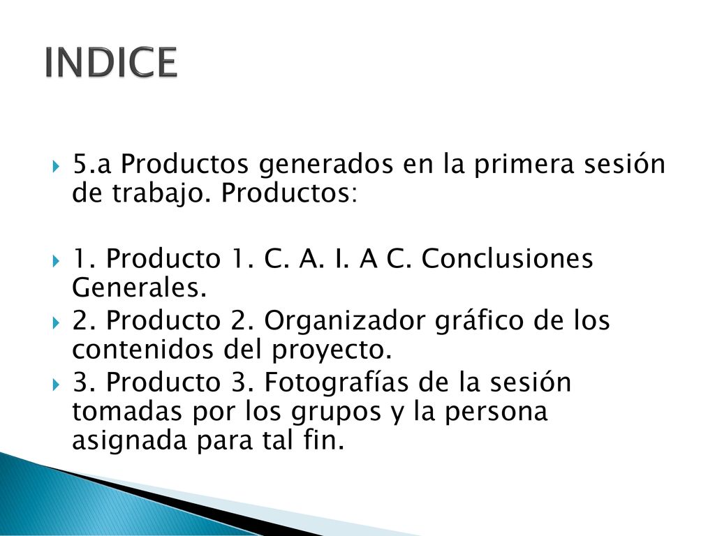 INDICE 5.a Productos generados en la primera sesión de trabajo. Productos: 1. Producto 1. C. A. I. A C. Conclusiones Generales.