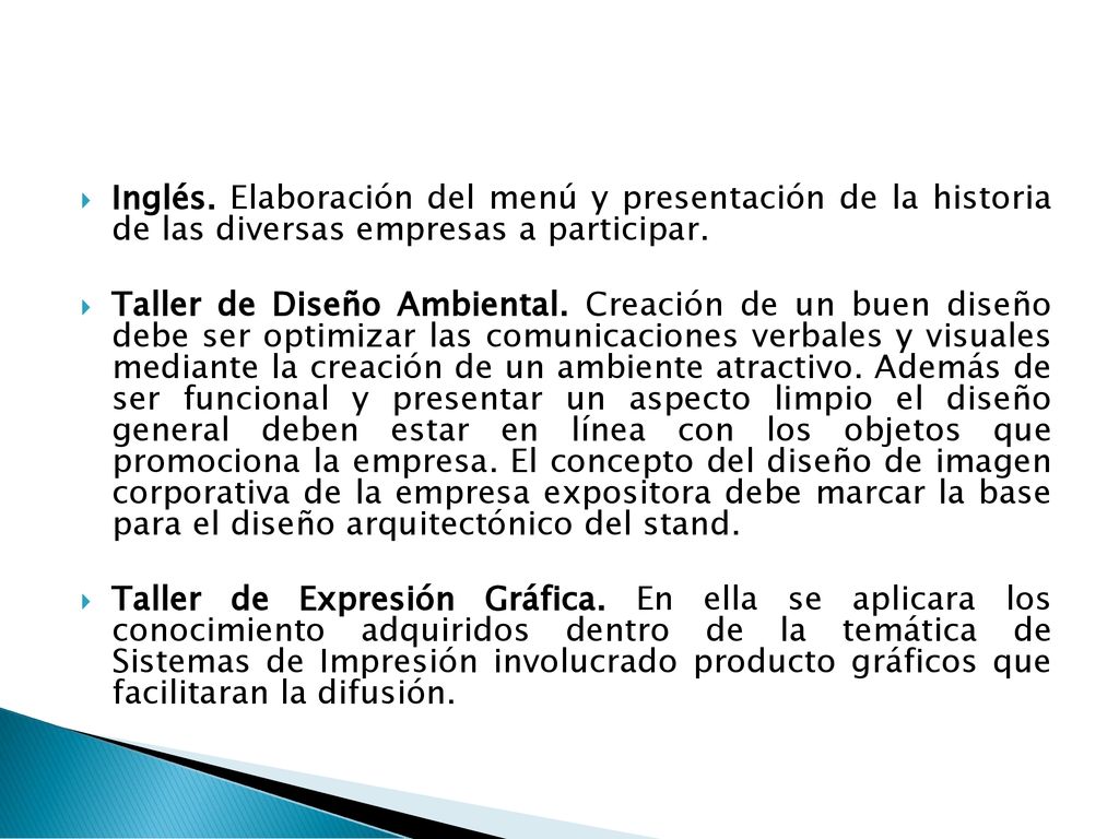 Inglés. Elaboración del menú y presentación de la historia de las diversas empresas a participar.